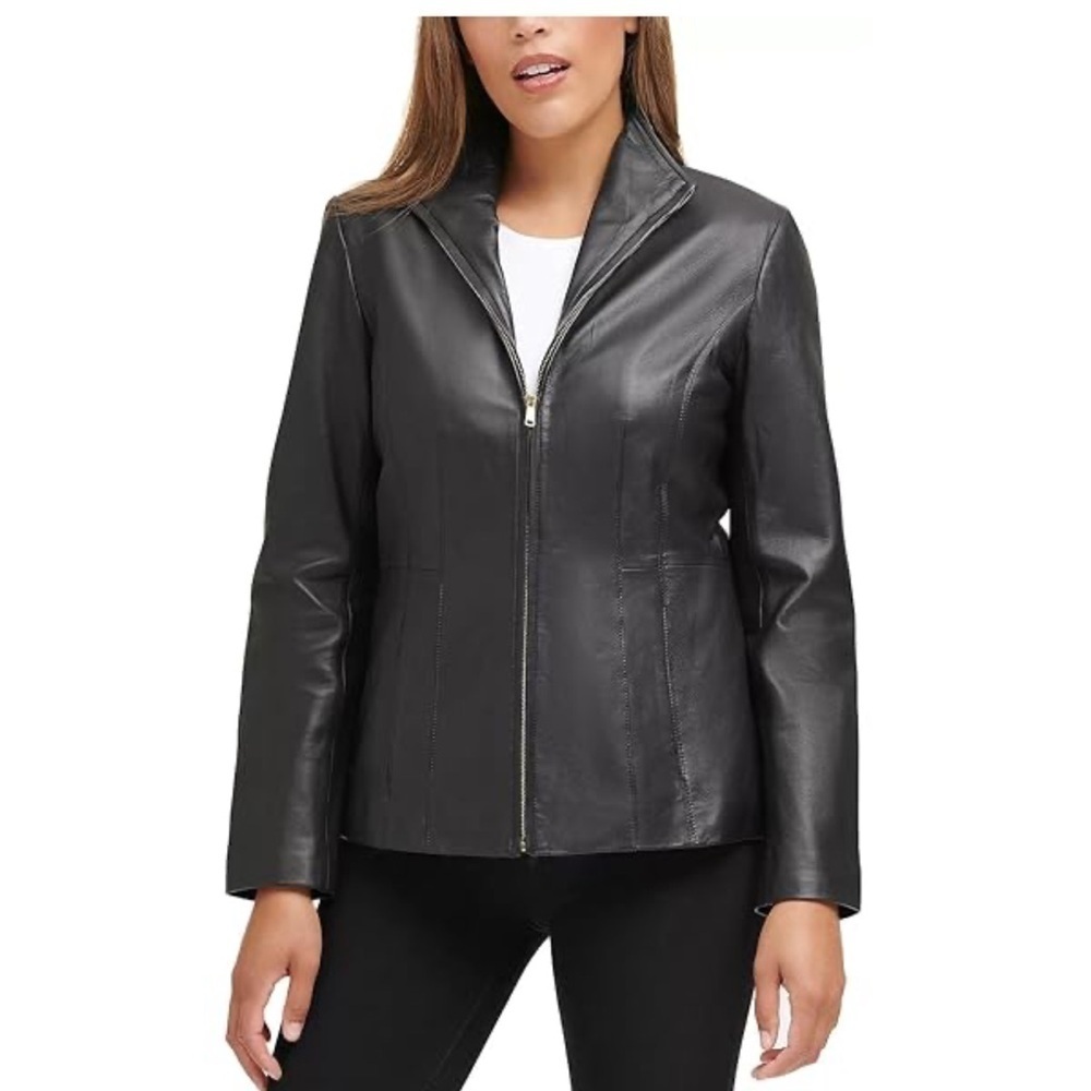 Vintage JLC Newyork Leather Women's Fully Lined Wing Collar Black coat size XL